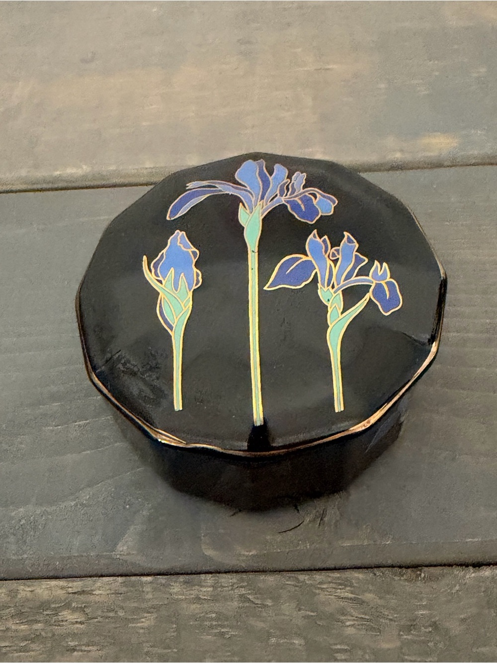 Vintage Otagiri Japan Blue Iris Ginger Jar & Trinket Box Set Black Floral - Picture 9 of 16